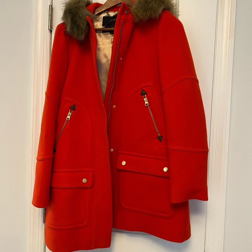 J. Crew Red Utility Jacket with Faux Fur Trim